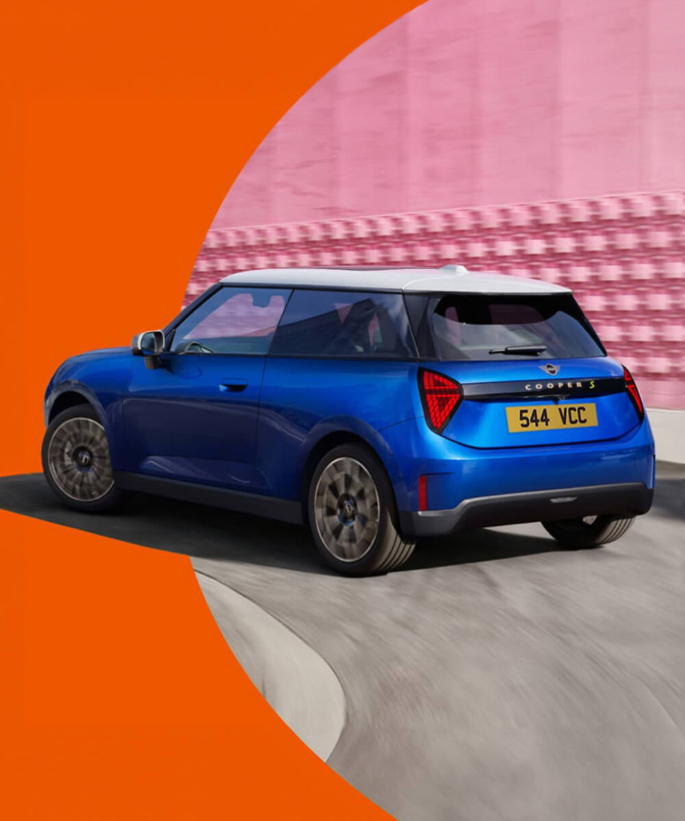 Rear angled view of blue MINI Cooper