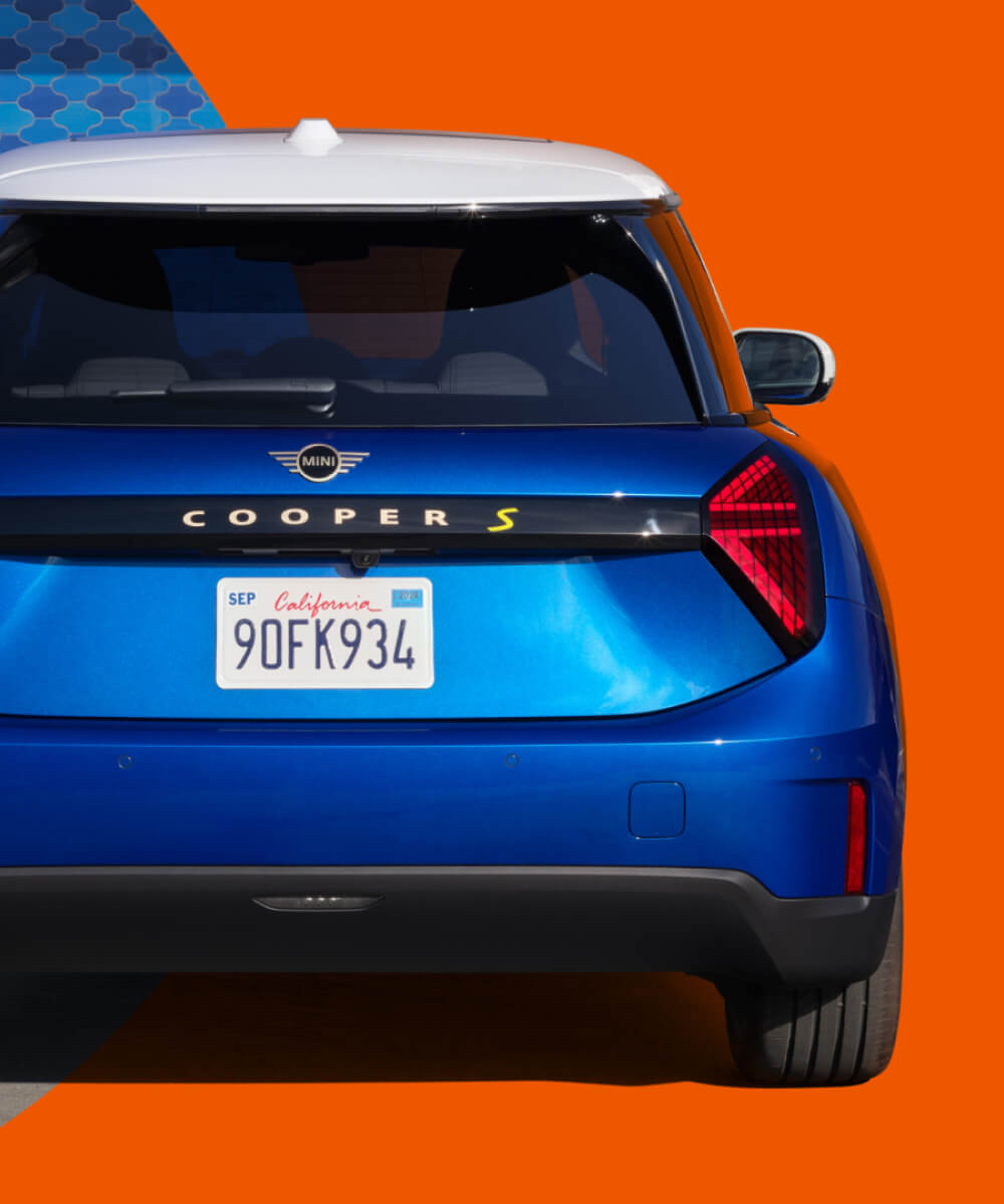 Close up rear view of blue MINI Cooper