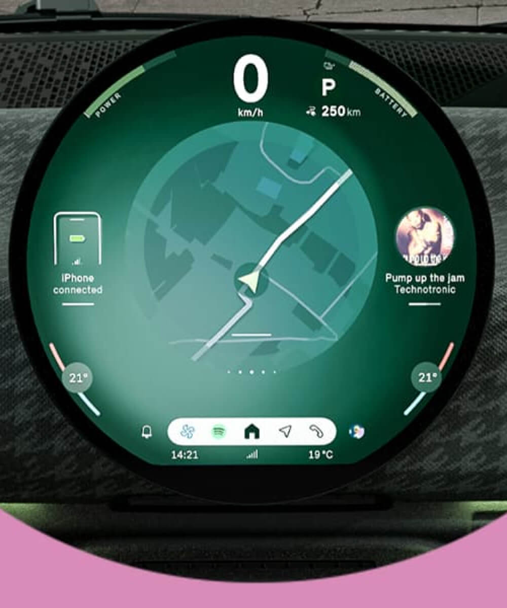 Interior view of MINI Cooper dashboard screen