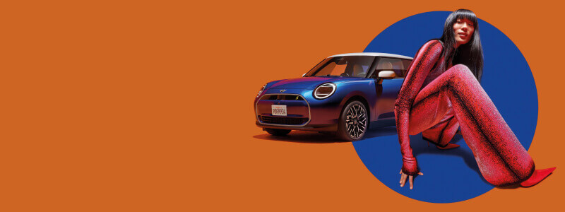 Front side angled view of blue MINI Cooper and model