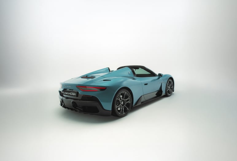 Rear angled side view of Maserati MCPURA