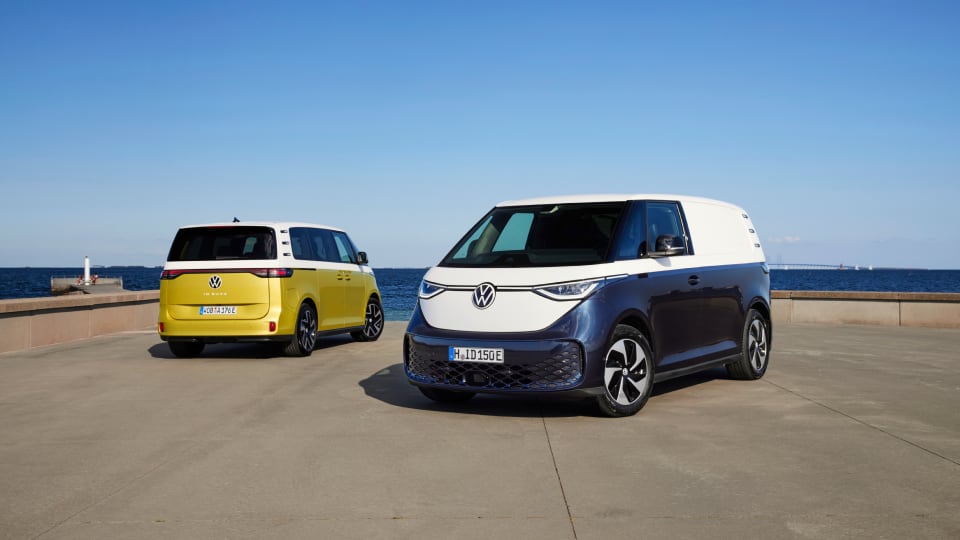 Front and rear view of multiple Volkswagen ID Buzz vehicles